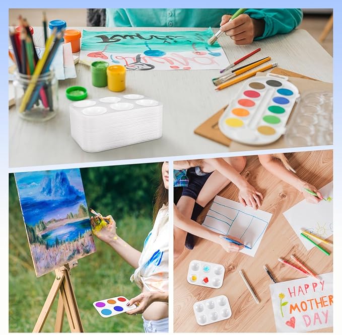 Bercoor 52 PCS Plastic Paint Palettes, 6 Well White Rectangular Watercolor Oil Palette Painting Tray Artist Craft Palettes for Painting Party, DIY Craft and Art Painting