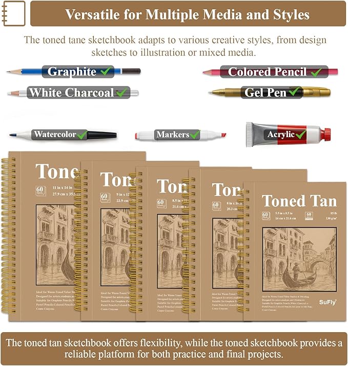 SuFly Toned Tan Paper Sketchbook, 5.5x8.5 Inches, 60 Sheets - 90lb/150gsm Tan Drawing Paper for Mixed Media, Charcoal, Graphite, Colored Pencils & White Gel Pens, 100% Recycled, Wire-O Bound.