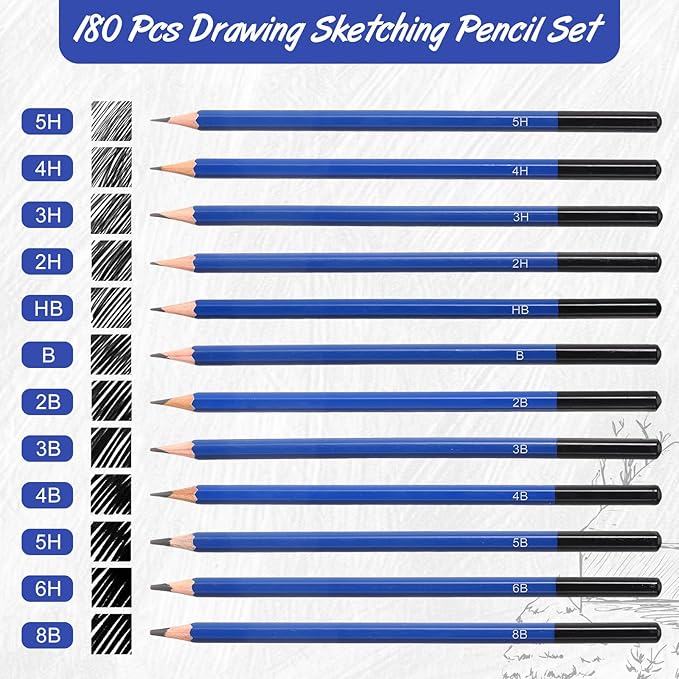 Humyoun 180 Pcs Graphite Sketch Pencil Set (8b - 5h) Professional Drawing Pencils Graphite Charcoal Gift Bulk for Beginners and Artists Art Sketching Supplies