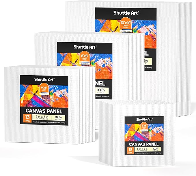 Shuttle Art 52 Pack Canvas for Painting, Multi-Size 5x5/6x6/8x8/10x10 Inch Blank Canvas Boards for Painting, 100% Cotton Primed White Art Canvas, Ideal Art Supplies for Kids Adults Acrylic OilPainting