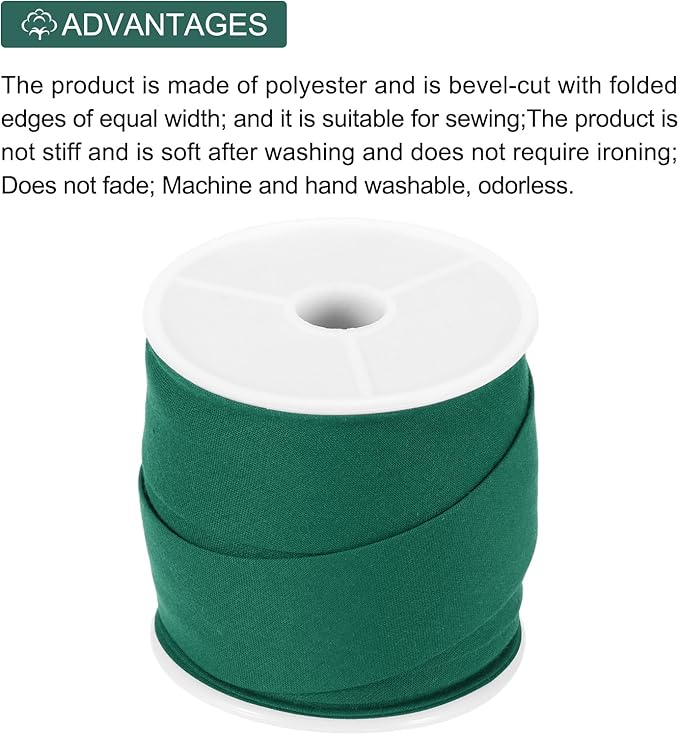 MECCANIXITY 1 Inch Single Fold Bias Tape Cotton Continuous Bulk Bias Tape for Sewing, Seaming Quilting Hemming Binding Crafts (Dark Green 10 Yards)