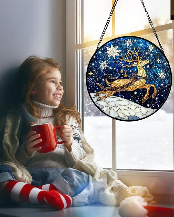 Stained Glass Window Hanging - Reindeer Blue Starry Sky Suncatcher for Doors Home Christmas Decoration Winter Sun Catcher Thanksgiving New Year Birthday Gifts for Women Men Mom Nana 11.8 in