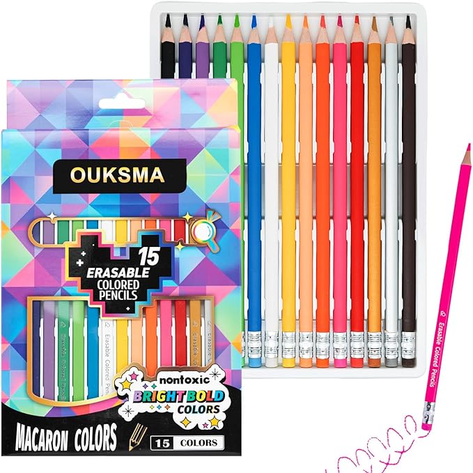 Pre-sharpened Colored Pencils with Erasers, Erasable Color Pencils, Drawing Pencil, Art Pencil for School Supplies, Drawing Supplies (15 Colors)
