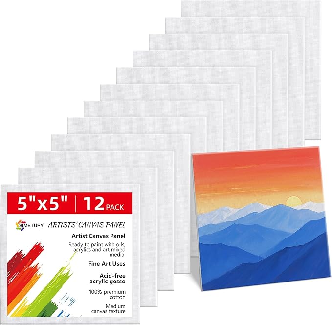 SIMETUFY 5x5 inch 12 Pack Mini Canvas Boards Primed Acid Free Mini Canvas Panels for Oil, Watercolor, Acrylic, Gouache Paint