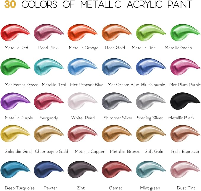 Metallic Acrylic Paint Set of Premium 30 Colors, Professional Metallic Paint with 2 fl oz（60ml） Bottles