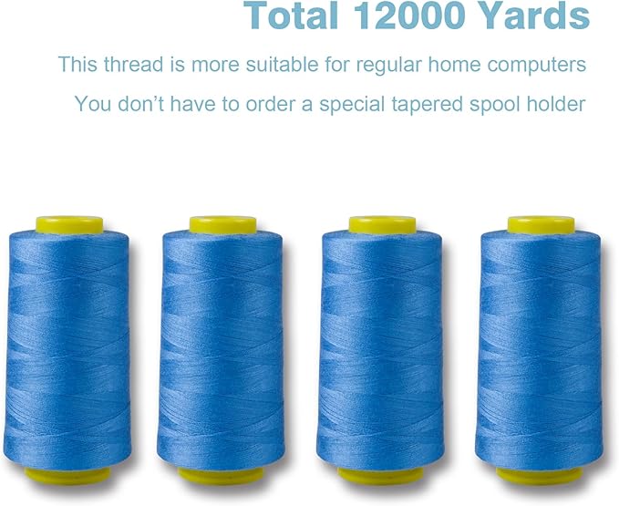 Azure Blue Serger Thread, All-Purpose Thread for Sewing, Thread, Polyester, 4 Cones of 3000 Yards Each Spool for Sewing Machine