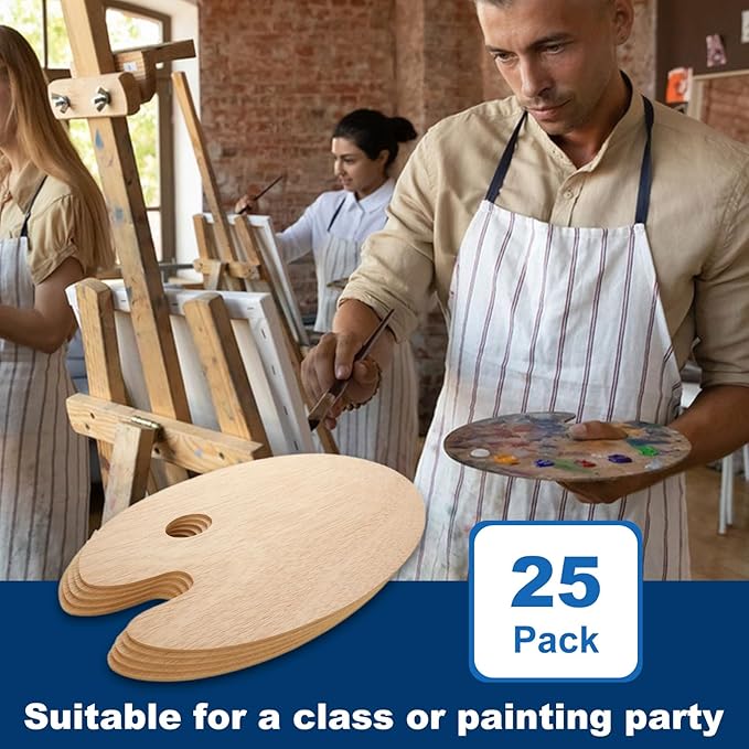 25 Pack Wood Painting Palette, Oil Wooden Paint Palette, Oval-Shaped Artist Painting Palette with Thumb Hole, Art Pallet for Painting (8 x 12 Inches)