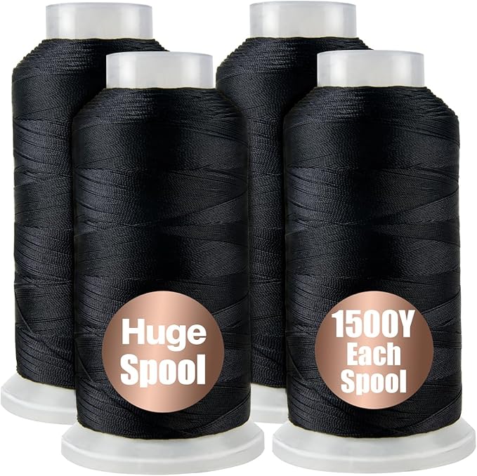 4Pcs Black Nylon Thread for Sewing 210d/3 Upholstery Heavy Duty 4 Cone 1500 Yards Each for Leather, Weave Needle, Serger Overlock Machine, Hair