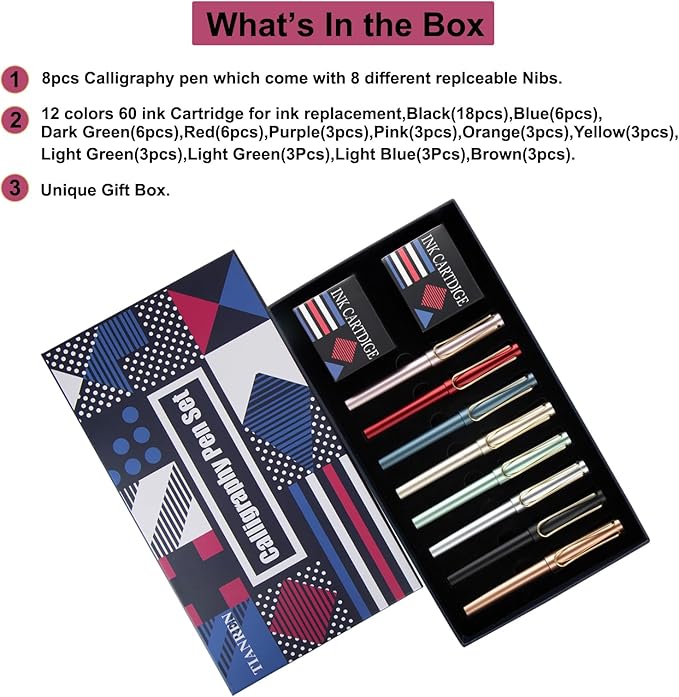 Calligraphy Pen set,Fountain Pens with 8 Different Replaceable Nibs with 60 Ink Cartridges(12 Colors),Calligraphy set for Beginner Writing Drawing.