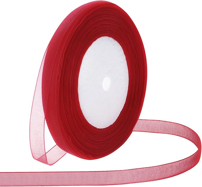 Red Ribbon for Gift Wrapping 3/8 inch Sheer Organza Ribbon for Flower Bouquet Tulle Chiffon Ribbons for Wedding Invitations Christmas Halloween Decorations Crafts 50 Yards