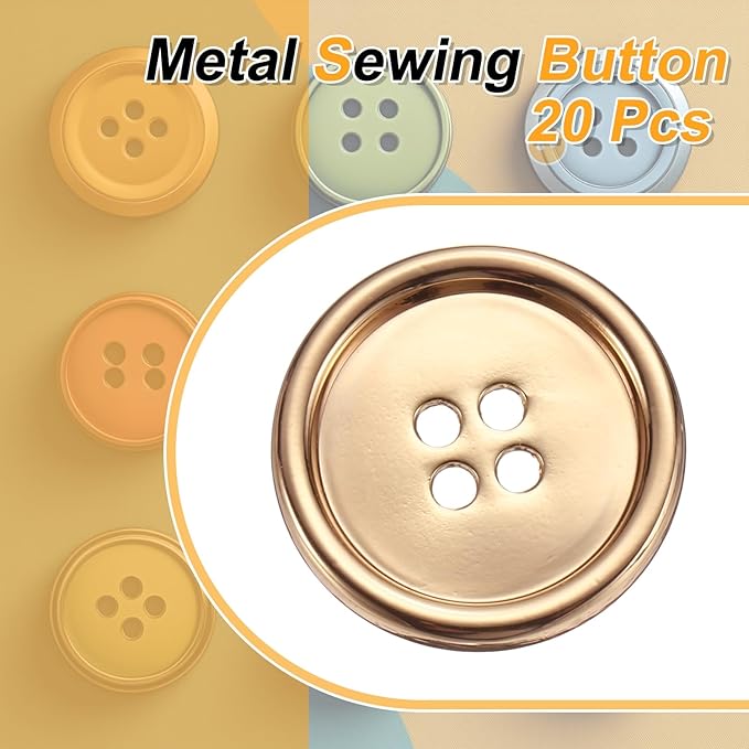 HARFINGTON 20pcs Metal Sewing Button, 25mm 4-Hole Round Suit Shirts Coats Clothes Sewing Buttons for Decoration Craft, Gold