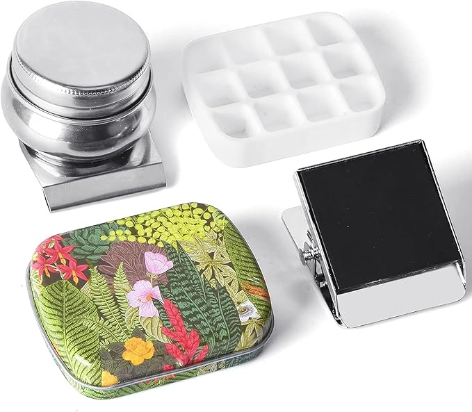 Portable Mini Tin Box,12-Well Empty Watercolor Palette,Small Paint Storage Travel Artist Outdoor Sketch Watercolor Kits with Magnetic Clip and Oil Pot .Selva