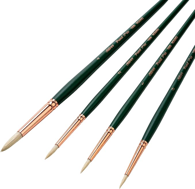 Silver Brush Limited GP-1066 Grand Prix Long Handle Round Brushes with Natural Hog Bristles, 4pc Professional Artist Painting Bundle for Oil, Acrylic, Gouache, Casein, or Varnish, Sizes 0, 1, 2, and 4