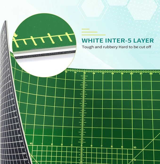 Thickness-Upgraded 18" x 24" Self Healing Sewing Mat, WerkWise Rotary Cutting Mat, Double Sided 5-Ply 18x24 Inch Cutting Board for Quilting, Fabric, & Crafts, Use with Rotary Cutters (Green & Black)