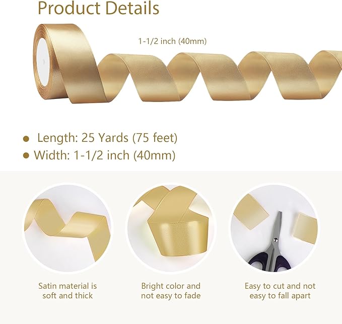 Gold Satin Ribbon 1-1/2 Inch x 2 Rolls Gold Wide Satin Fabric Ribbon for Gift Packaging, Christmas, Wedding, Flower Bouquet, Holiday Party, Invitation
