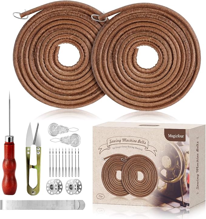 Magicfour Treadle Sewing Machine Belt for Singer/Jones, 2 Pack 71" 3/16" Leather Belt with Hook for Treadle Sewing Machine, Accessories Included