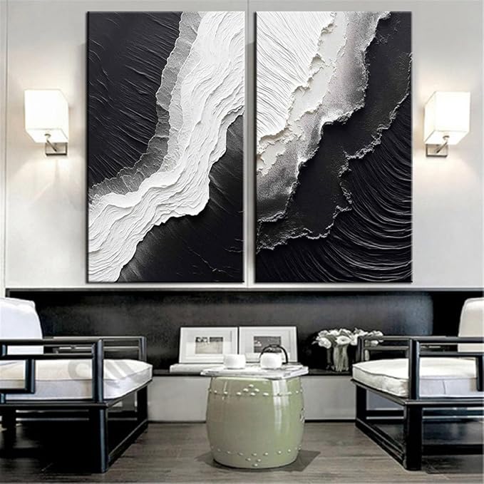 YaSheng Art - Hand-Painted Thick Texture Abstract Oil Painting sea wave Black and White Wall Art Minimalist modern Art Paintings Home Living room Room Dining Room Bedroom Wall Decorative Art Oil Painting 24x48inch