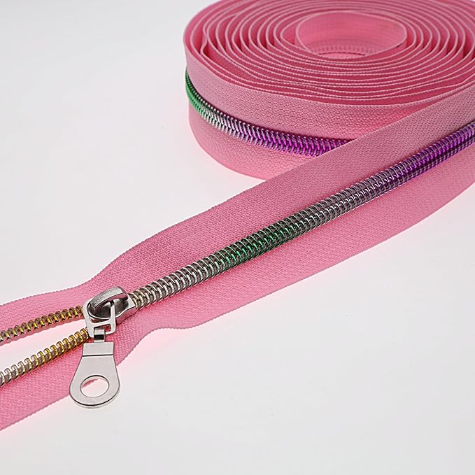 #5 Colorful Metallic Nylon Coil Zipper by Yard,Pink Zipper Tape Bulk 10 Yards with 25pcs Silver Pull for DIY Sewing Craft Bag YIGUANXIN