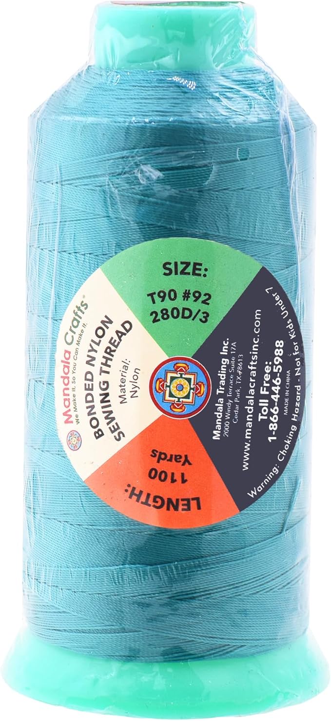 Mandala Crafts Size 92 280D T90 Bonded Nylon Thread - Turquoise 1100 YDs Tex 90 Heavy Duty Sewing Threads for Leather, Jeans, Weaving, Outdoor Marine Upholstery