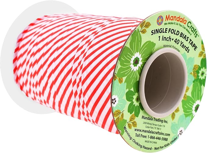 Mandala Crafts 1 Inch Single Fold Bias Tape for Sewing, Quilting, Piping, Hemming, Blanket & Quilt Binding – 40 Yards Candy Cane Fabric Seam Binding Tape