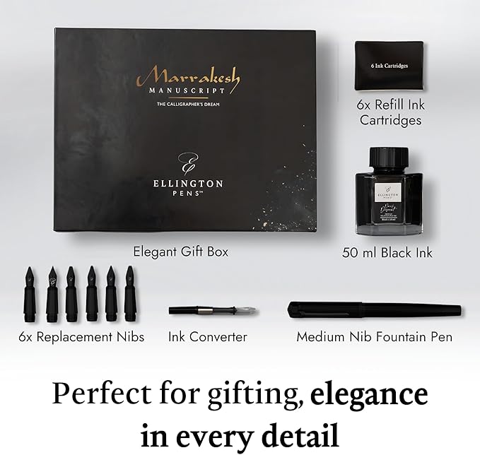 Ellington Pens Luxury Calligraphy Set – Premium Fountain Pen with 6 Nibs, 6 Bottle, 6 Cartridges, Converter, and Elegant Gift Box – Perfect for Calligraphers, Writers, Gifting
