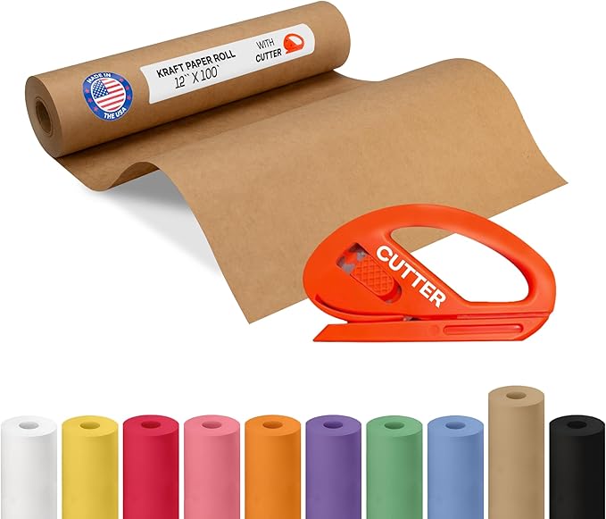 Brown Kraft Paper Roll 12" x 1200" (100 feet) with Cutter - USA-Made Wrapping Paper for Packing, Moving, Shipping & Crafts/Arts - 100% Recyclable Natural Craft Material by IDL Packaging