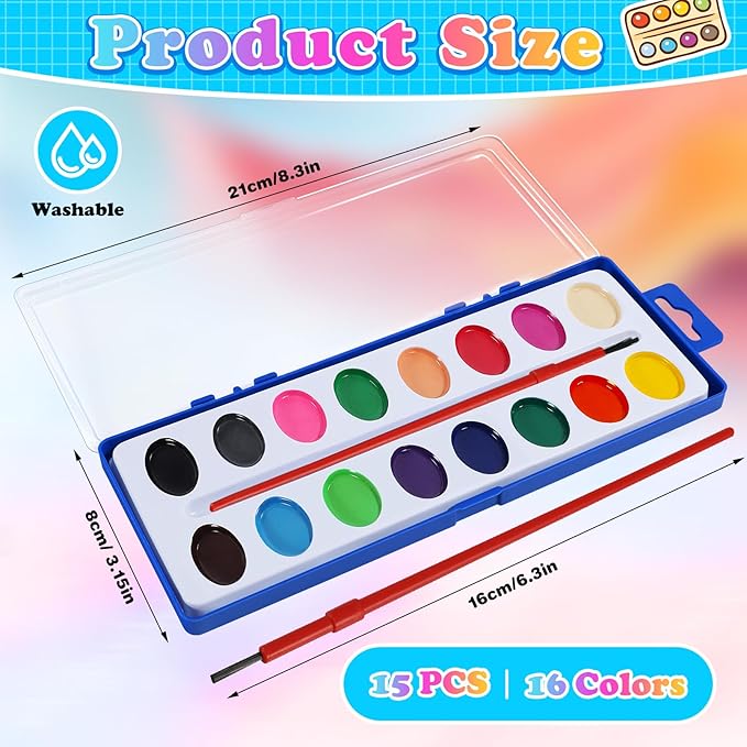 15 Pack Watercolor Paint Set Bulk,Watercolor Paint Set with Paint Brushes for Kids and Adults, Washable Bulk Watercolors for Classroom Kindergarten Parties and Art Activities,16 Colors