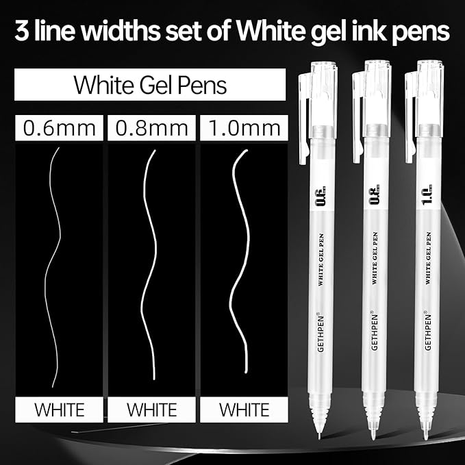 White Gel Pens,0.6mm 08mm 1.0mm Fine Point Opaque White Archival Ink Pen for Black Paper Drawing, Sketching, Illustration, Bullet Journaling, Pack of 9