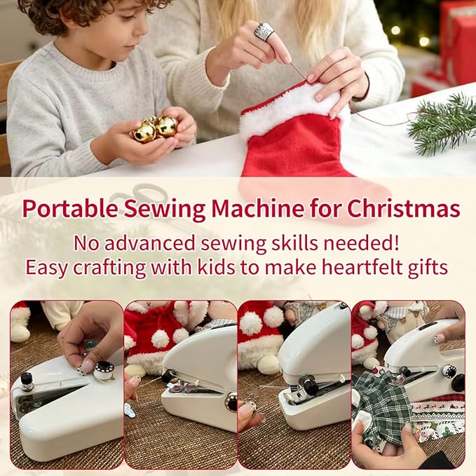 Handheld Sewing Machine with 8 Pieces of New Year's Fabric & 21 Sewing Accessories, Mini Sewing Machine for Beginners, Perfect Sewing Tool for 2026 New Year DIY Gifts, Decor & Clothing Repairs