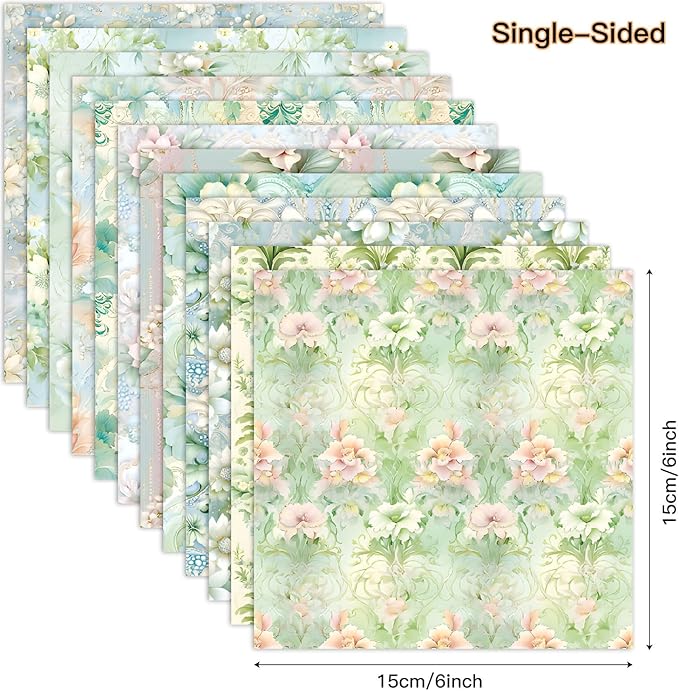 Vintage Green Floral Scrapbook Paper Pad Color Patterned Paper 6×6,24 Sheets Single-Sided Flower Scrapbooking CardStock Papers Pad for Holiday Cardmaking DIY Origami Journaling.