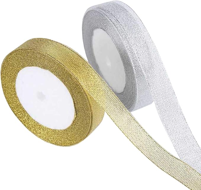 2 Rolls 50 Yards Width Metallic Glitter Ribbons 5/8 Inch Sparkly Fabric Wide Ribbon for Gift Wrapping, Crafts, Holiday Wedding Birthday Party Decoration Floral DIY Work(25 Yards Silver & Gold Ribbon)