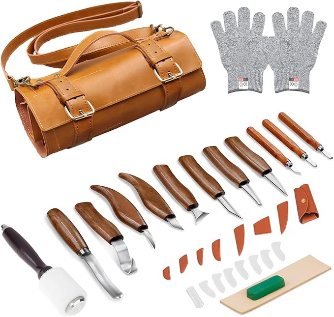 WGLILO Wood Carving Tool Kit for Adult Beginners Woodworking, Whittling Knife Set with Large Leather Case and Gouge, Wooden Spoon Carving Kits, Gifts for Men Women Carving Enthusiasts Friends