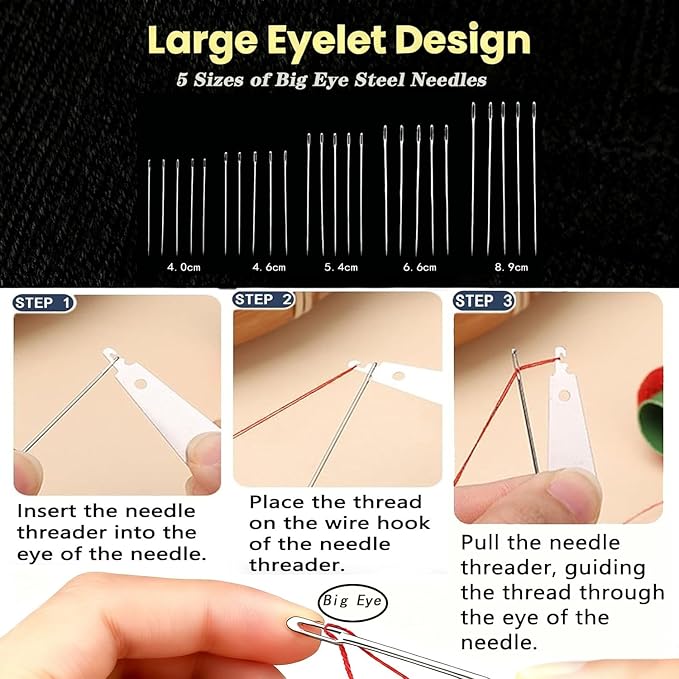 37PCS Big Eye Steel Sewing Needles Kit,Stainless Steel Needles for Hand Sewing,Portable Long & Thin Handmade Quilting & Sewing Needles Kit for Beginners,Professional DIY Lovers,Adults