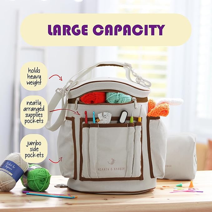 Hearth & Harbor Crochet Bag Organizer – Durable Knitting Bag, Yarn Organizer for Accessories and Supplies, Canvas Yarn Holder, Crochet Carrying Case with Accessories Pouch, Storage Organizer – Gray