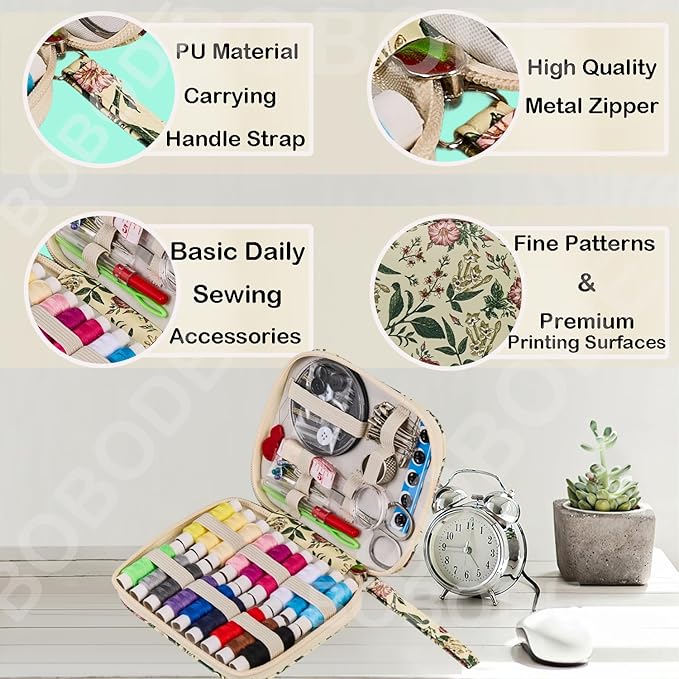 Arts Craft Printing Sewing Kit Floral Pattern Small Sewing Set,Professional Travel Sewing Kit with 18 Colors Sewing Thread, Basic Sewing Supplies Accessory for Emergency, Home Beginners