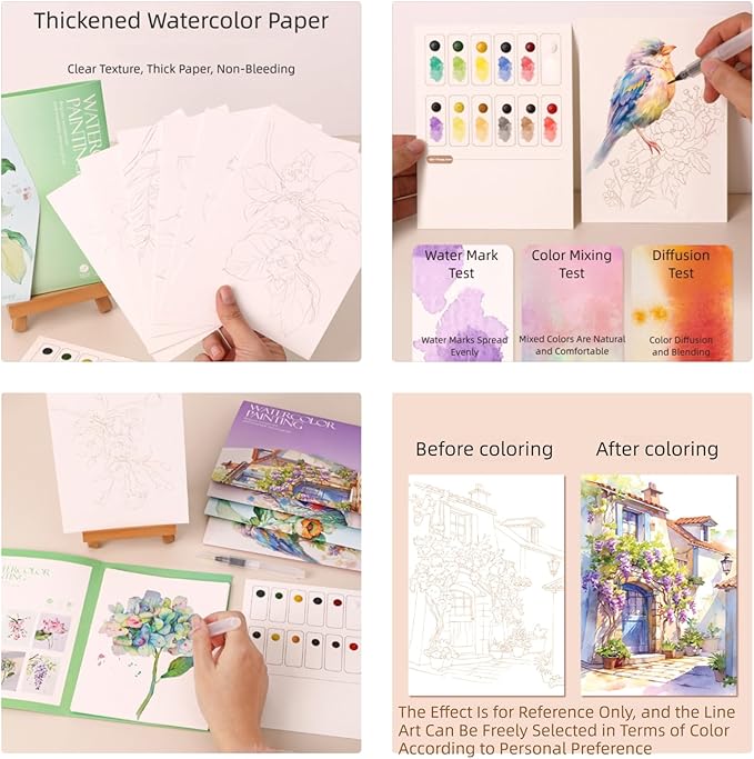 Watercolor Painting Set for Beginners Alley House Pattern Adult Art Coloring 6 Sheets with Paint Brush