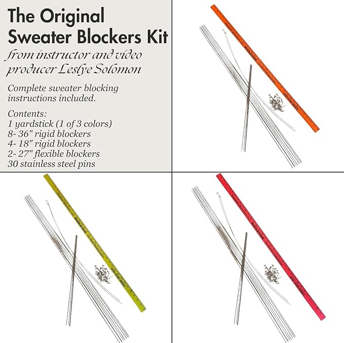 Leslye Solomon's Blocking Wires Kit - The Original Knitting & Crocheting Blockers kit, with Multiple Lengths, a neon Yardstick, 30 T-pins and Leslye's Blocking Facts and Instructions
