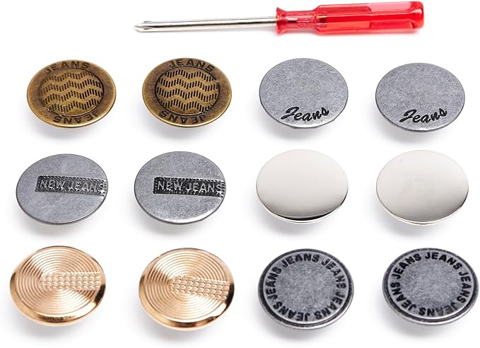 3 Designs Perfect Fit Instant Adjustable Pants Button,No-Sew Nailess Removable Metal Buttons Replacement Repair Combo Thread Rivets and Screwdrivers 12 pcs 20mm