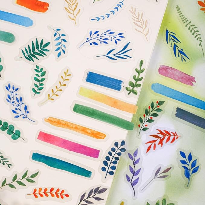 180 Pieces Botanical Colorful Watercolor Branches PET Stickers, 6 Pack Aesthetic Background Decorative Stickers for Scrapbooking, Journaling, Creative Journal Supplies and DIY Crafts