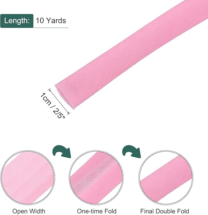 MECCANIXITY 2/5 Inch Double Fold Bias Tape Polyester Continuous Bulk Bias Tape for Sewing,Seaming Quilting Hemming Binding Crafts (Pink 10 Yards)