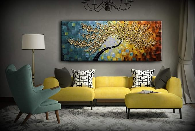 YaSheng Art -100% Hand Painted 3D Golden Flowers Contemporary Art Oil Painting On Canvas Texture Palette Knife Tree Paintings Home Dining Room Living Room Wall Decor Large Abstract Canvas Art Paintings 24x60inch