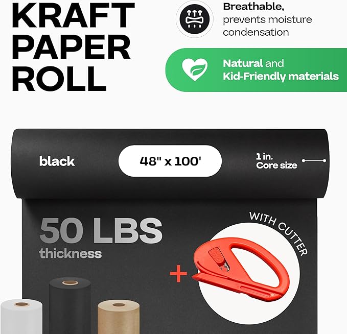 Black Kraft Paper Roll 48" x 1200" (100 feet) with Cutter- USA-Made Wrapping Paper for Packing, Moving, Shipping & Crafts/Arts - 100% Recyclable Natural Craft Material by IDL Packaging