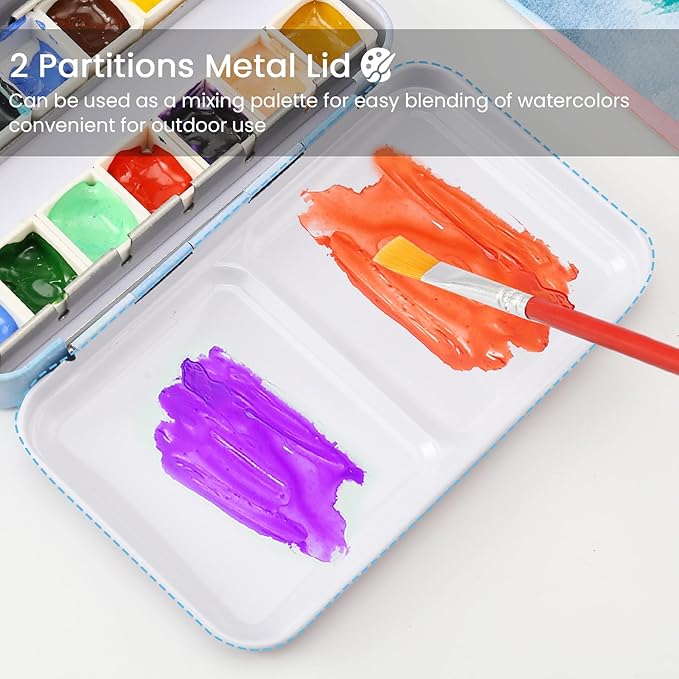 Watercolor Palette Empty with Paint Tray and 14PCS Watercolor Half Pans - Sturdy Empty Watercolor Palette Tin - Customizable Metal Watercolor Palettes