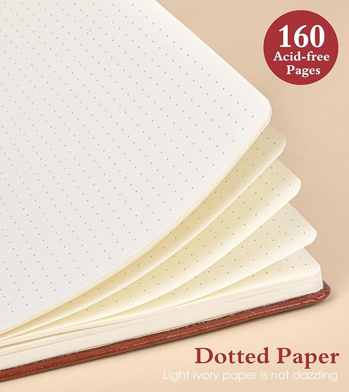 Dotted Journal Notebook for Women Men, 160 Pages Dot Grid Journals for Writing, A5 Hardcover Vintage Leather Bullet Journaling Notebooks for School, Work, Travel, Note Taking 5.8"x8.5"(Brown)