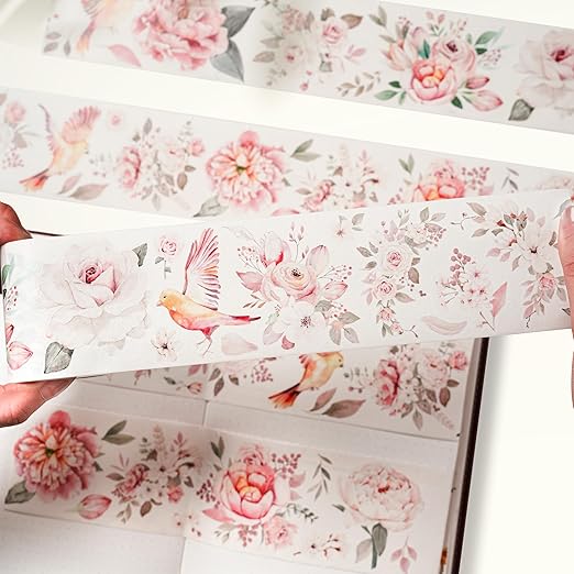WT Pre-Cut Pink Velvet Wide Washi Tape, Single Roll, Original Designs, Elegant Floral Aesthetic, Decorative Japanese Paper Tape for Journaling, Scrapbook, Planner, DIY Crafts, Bujo Supplies, 60mm×5m
