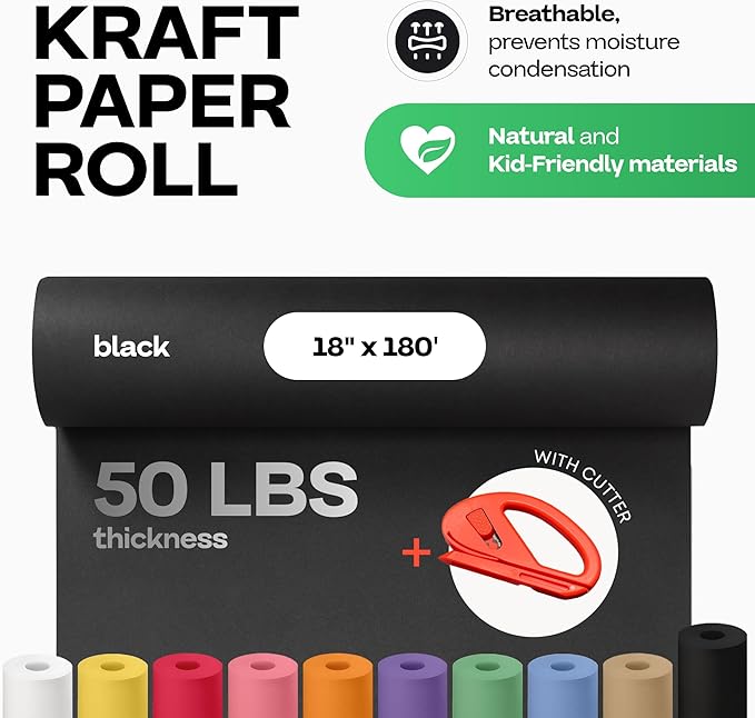Black Kraft Paper Roll 18" x 2160" (180 feet) with Cutter - USA-Made Wrapping Paper for Packing, Moving, Shipping & Crafts/Arts - 100% Recyclable Natural Craft Material by IDL Packaging