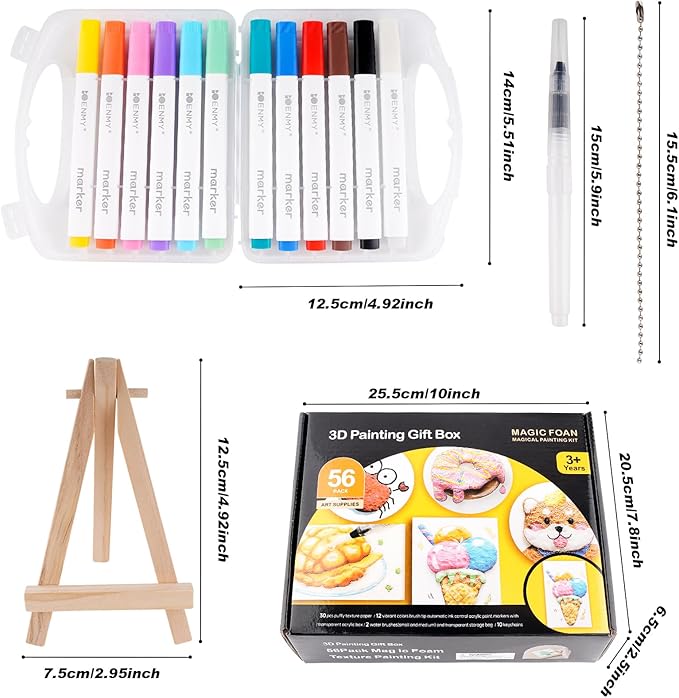 Edaick 56 Pcs Magic Foam Texture Painting Kit Puffy Paint Paper 3D Drawing Sponge Canvas DIY Art and Craft Supplies Foam Texture Paper with Colors Marker Water Brushes for 3D Craft Drawing