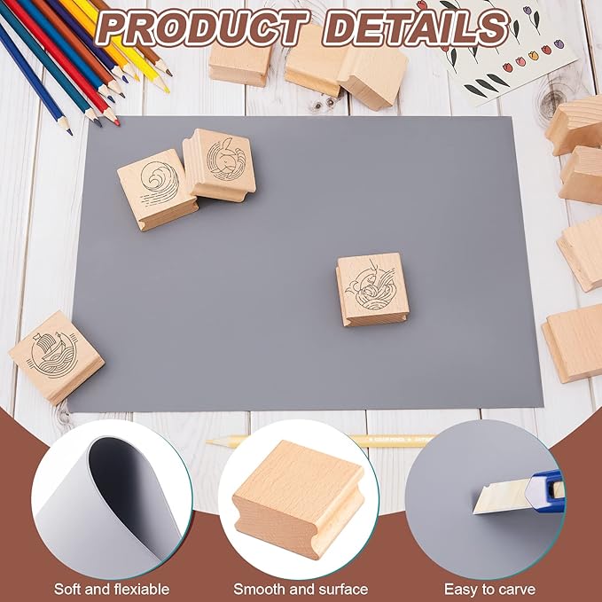 Sasylvia 10 Pcs Blank Hard Wood Rubber Stamp Mounts with A4 Size Grey Rubber Stamp Sheet Laser Engraver Accessories Rubber Stamp Carving Tools Soft Rubber Mat Carving Blocks (Gray,1.57 x 1.57 Inch)