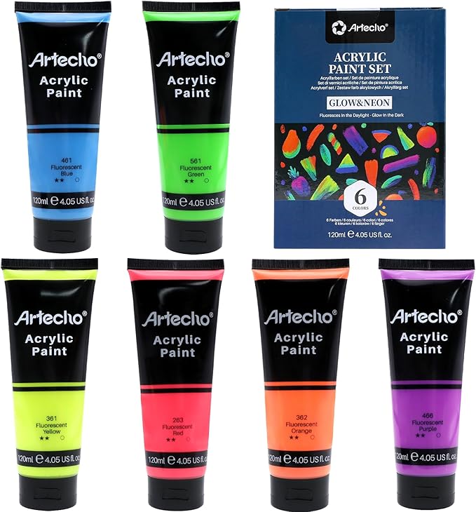 Artecho Glow in the Dark Paint 6 Colors, 120 ml / 4 oz Acrylic Paint for Decoration, Art Painting, Outdoor and Indoor Art Craft, Supplies for Canvas, Rock, Wood, Waterproof Rich Pigments
