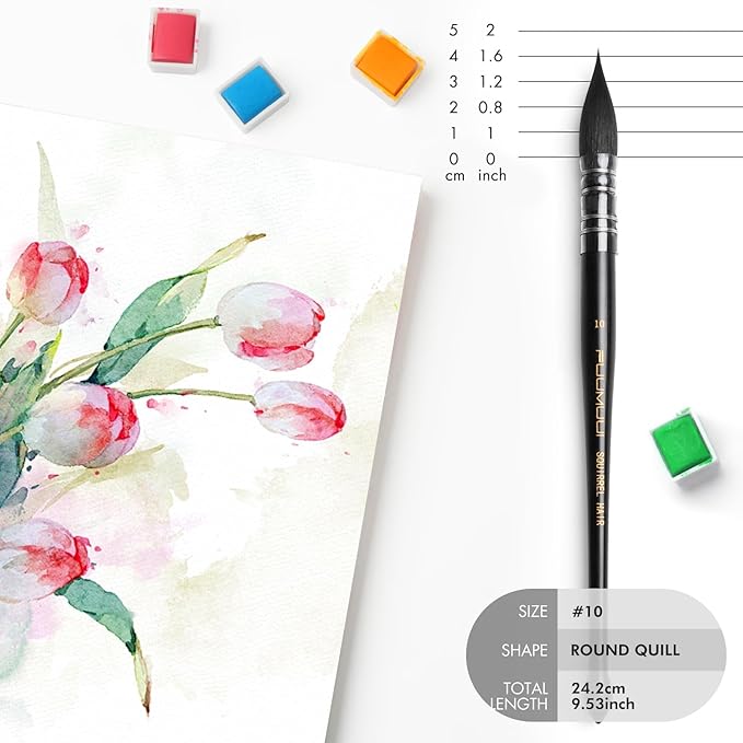 Professional Watercolor Brush, Fuumuui Natural Squirrel Hair Mop Brush, Round Quill Detail Fine Tip Watercolor Paint Brush for Water Color Gouache Ink Painting - Sizes #10